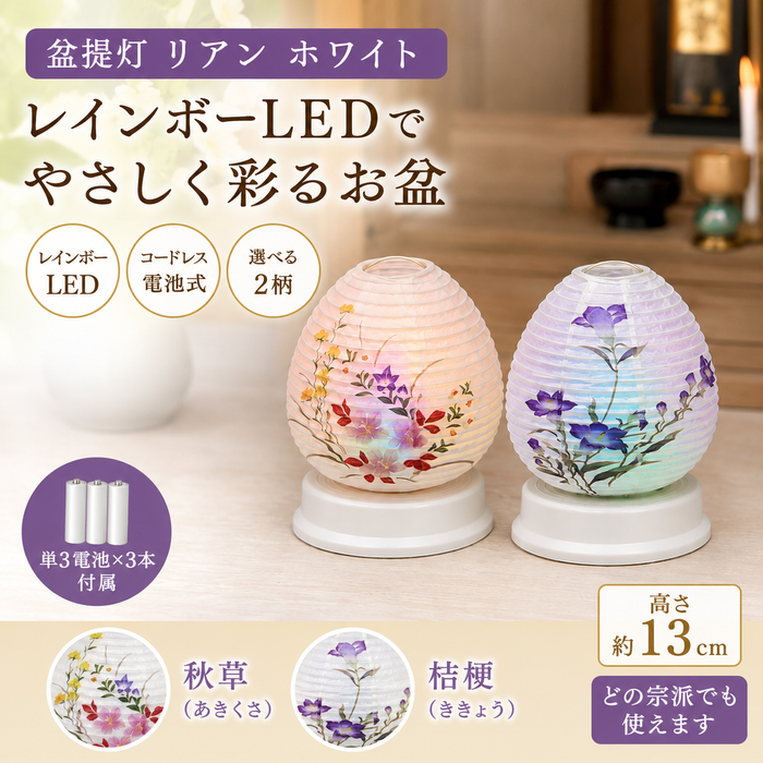 盆提灯 リアン ホワイト レインボーLED 初盆・新盆 コードレス コンパクト
