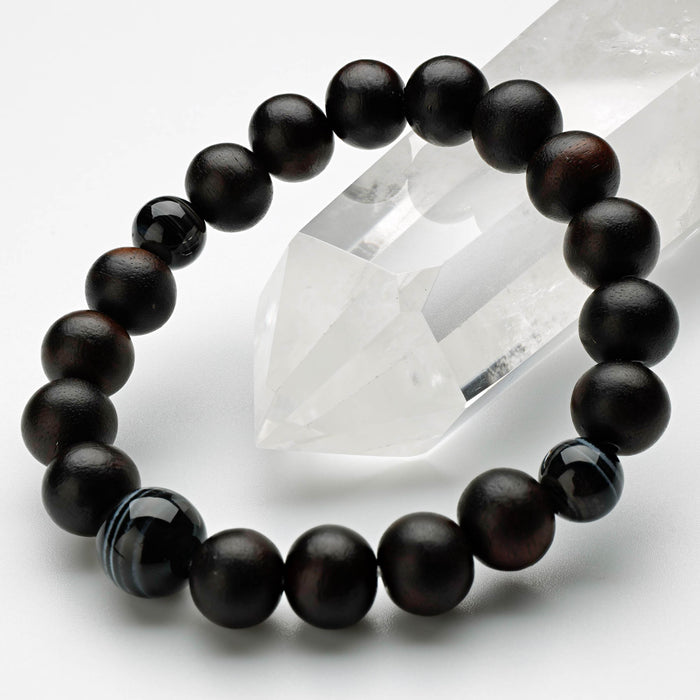 腕輪 素挽縞黒檀10mm 黒縞瑪瑙仕立 桐箱入