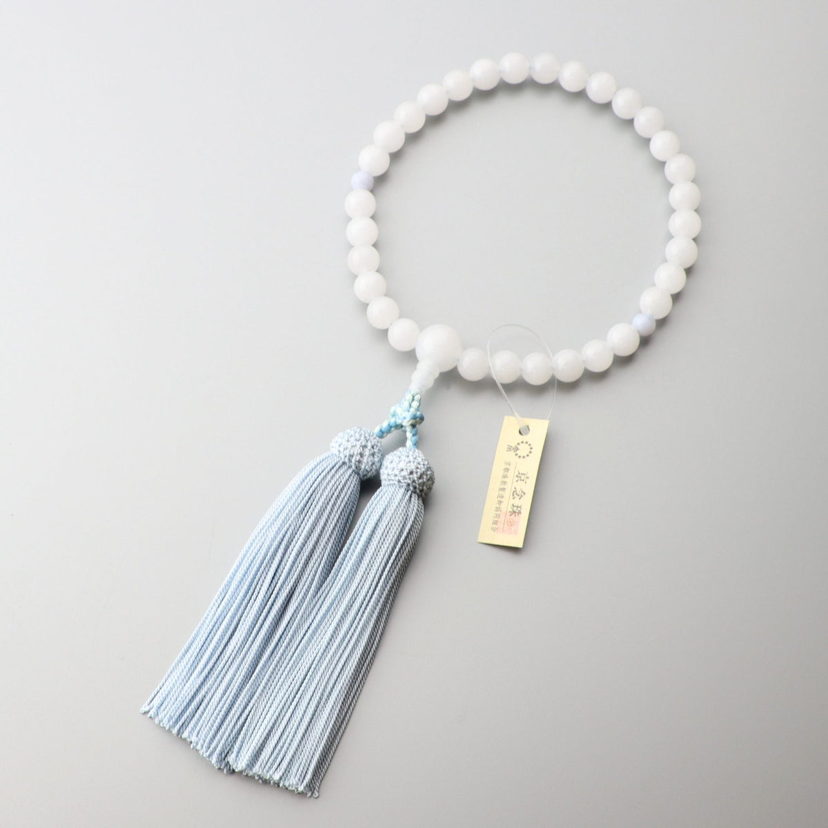 数珠 女性用 ホワイトオニキス8mm 二天カルセドニー仕立 正絹房(ブルー