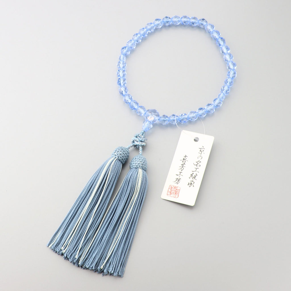 限定品】数珠 女性用 ブルークォーツ7.5mm切子 共仕立 正絹蛍房(アサギ