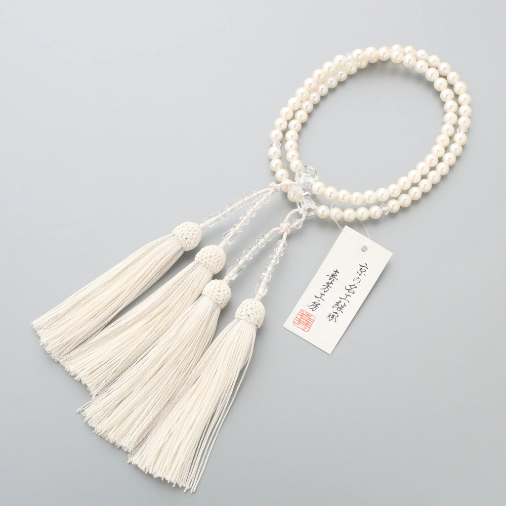 限定品】数珠 女性用二連 アコヤ真珠 水晶切子仕立 正絹房 塗箱入
