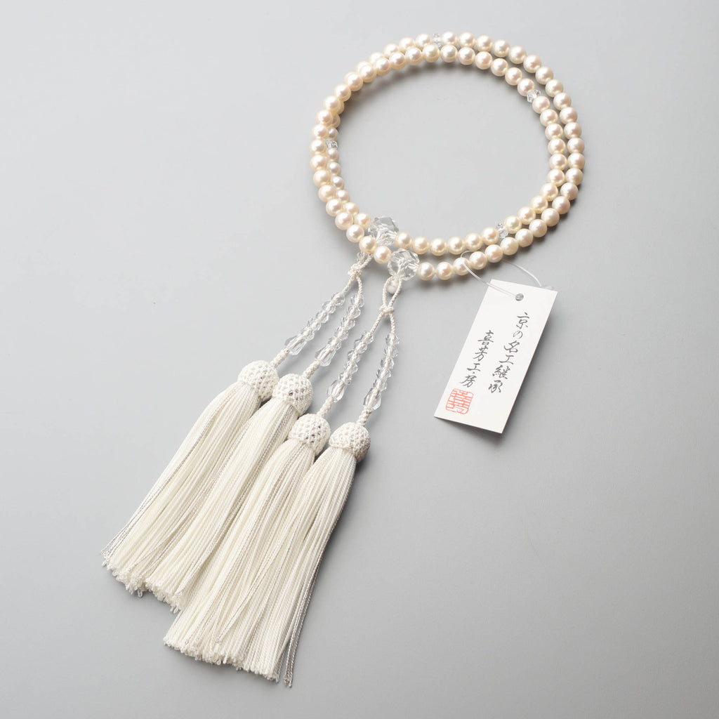 数珠 女性用二連 伊勢志摩産アコヤ本真珠6.5～7.0mm 水晶切子仕立 正絹