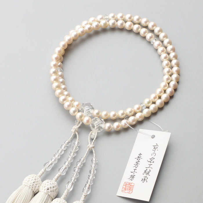 数珠 女性用二連 伊勢志摩産アコヤ本真珠6.5～7.0mm 水晶切子仕立 正絹房