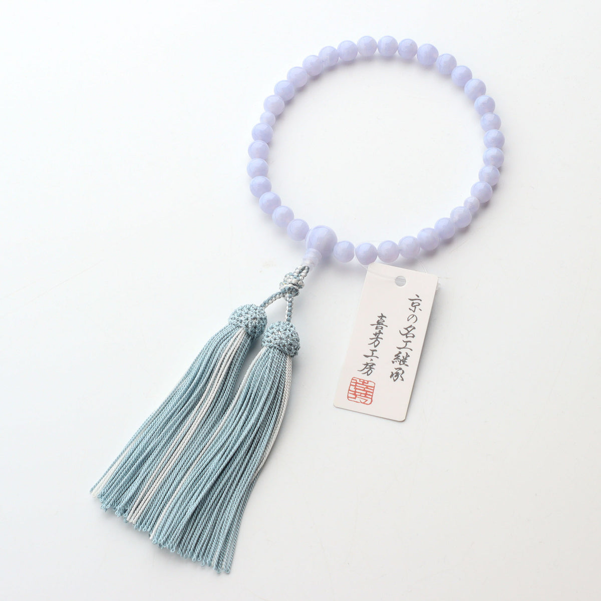 数珠 女性用 カルセドニー8mm 共仕立 正絹蛍房(アサギに白) — 仏壇