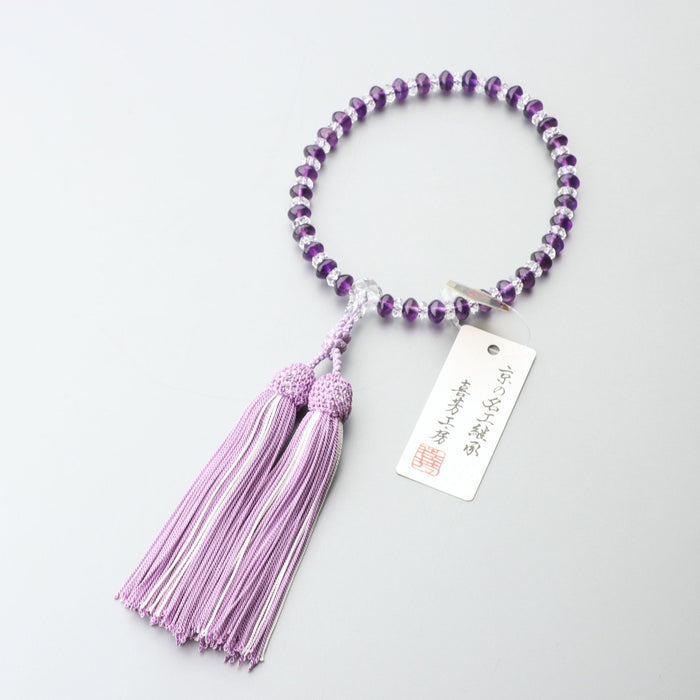 数珠 女性用 紫水晶みかん玉5.5*8mm 水晶平切子仕立 正絹房(青藤に白