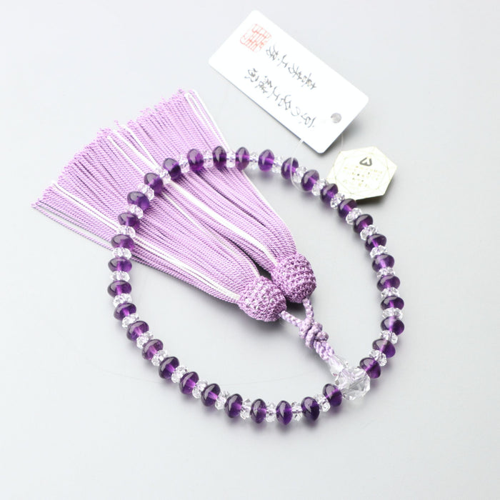 数珠 女性用 紫水晶みかん玉5.5*8mm 水晶平切子仕立 正絹房(青藤に白