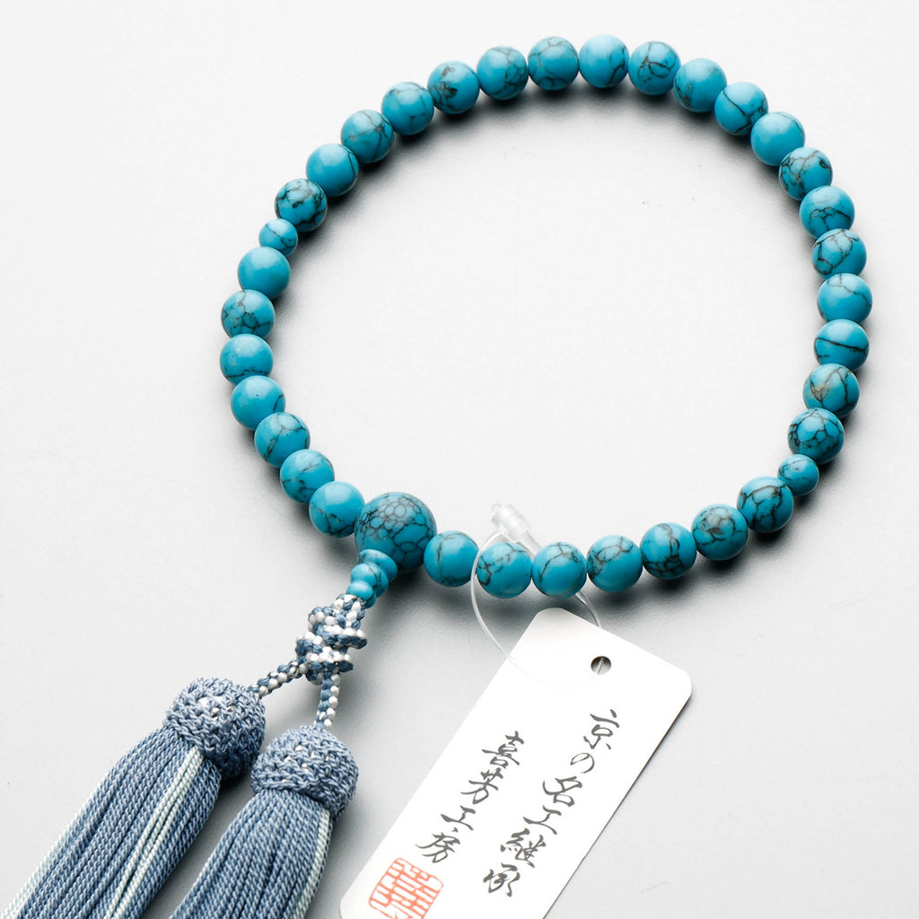 数珠 女性用 圧縮トルコ石8mm 共仕立 正絹蛍房(アサギに忘れな草