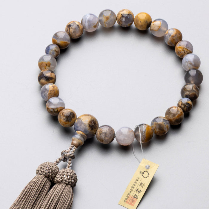 【選べる数珠袋付き】数珠 男性用 アース瑪瑙22玉 共仕立 灰糸通し 正絹頭付房(グレージュ)