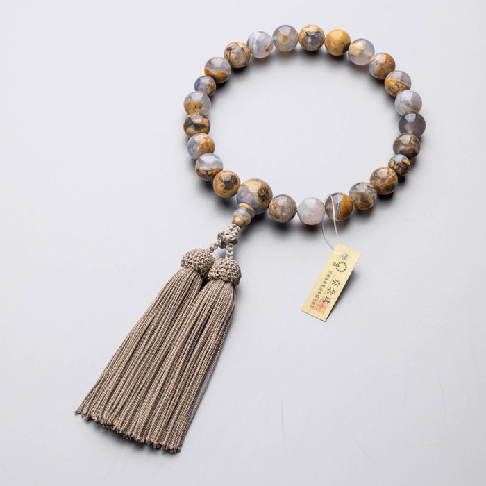 【選べる数珠袋付き】数珠 男性用 アース瑪瑙22玉 共仕立 灰糸通し 正絹頭付房(グレージュ)