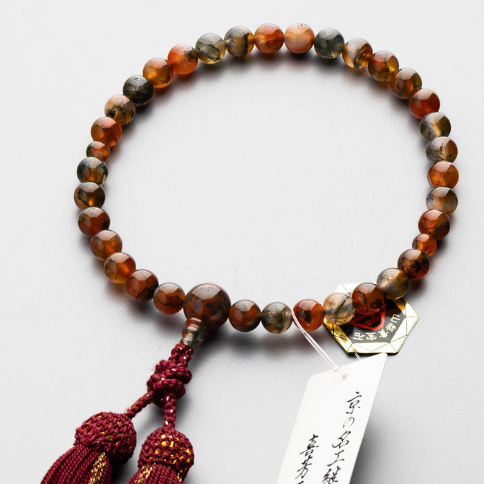 数珠 女性用 赤苔瑪瑙8mm 共仕立 正絹蛍房 エンジ金杢