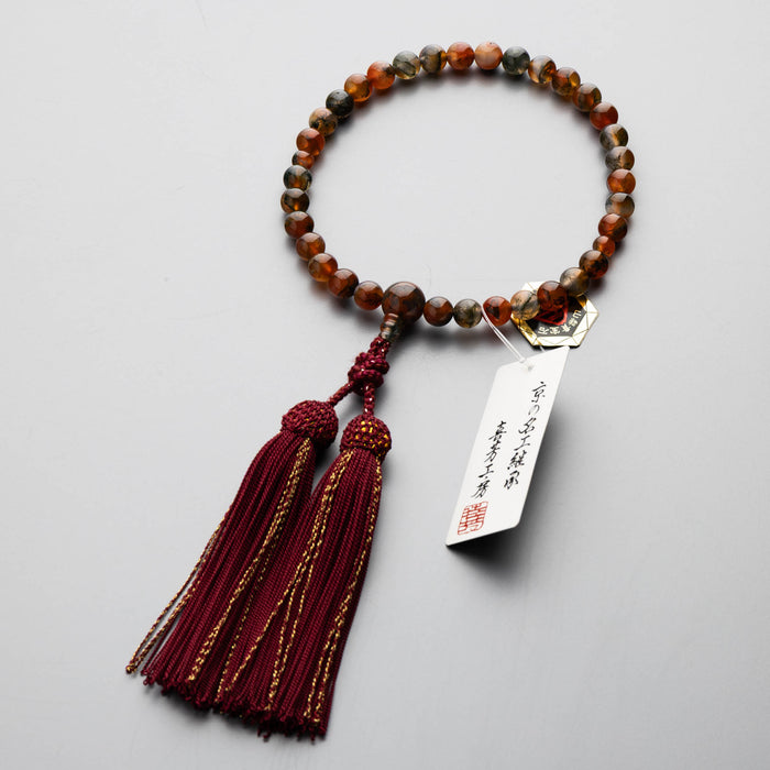 数珠 女性用 赤苔瑪瑙8mm 共仕立 正絹蛍房 エンジ金杢