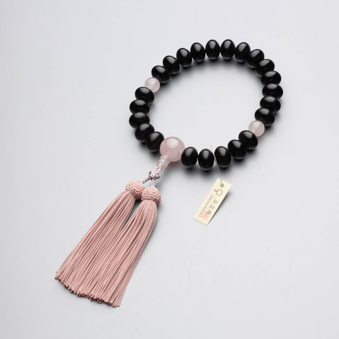 数珠 男性用 上青黒檀 平玉 23玉 紅水晶 正絹房 灰桜