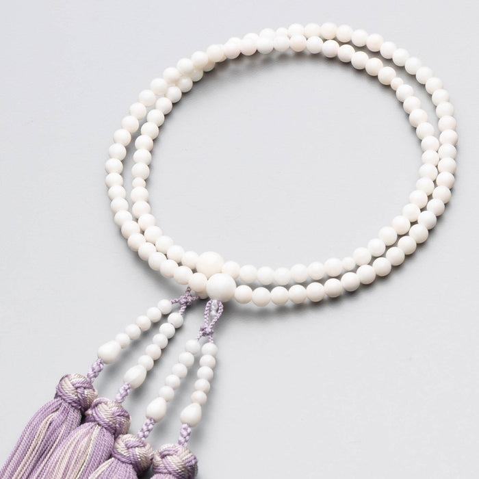 数珠 女性用 二連 白珊瑚 正絹房 銀花かがり房 藤色 全宗派対応