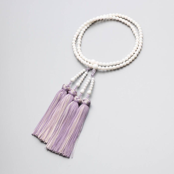 数珠 女性用 二連 白珊瑚 正絹房 銀花かがり房 藤色 全宗派対応