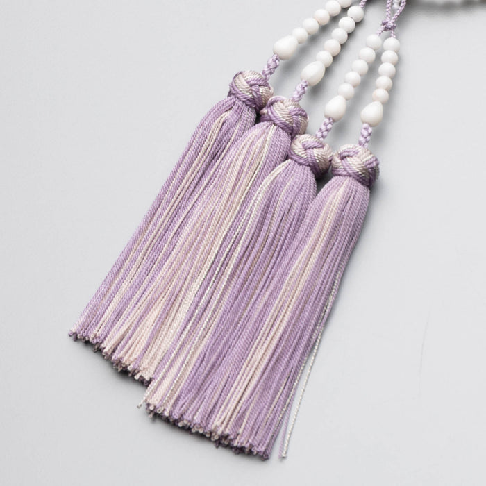 数珠 女性用 二連 白珊瑚 正絹房 銀花かがり房 藤色 全宗派対応