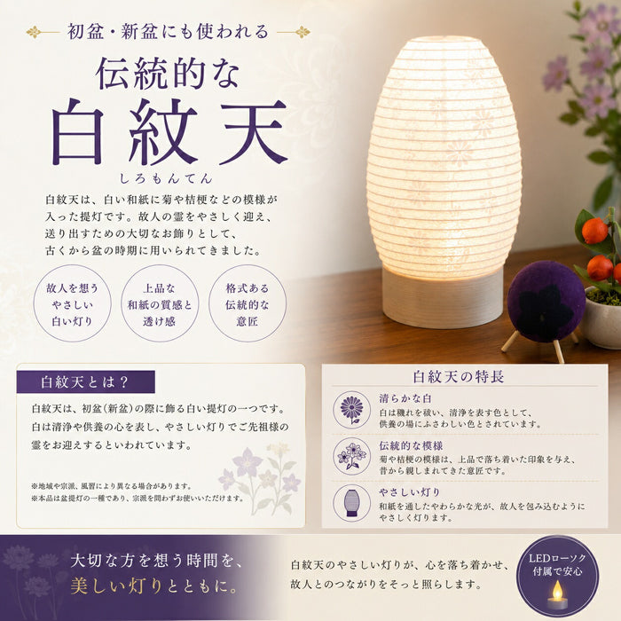 置き型 盆提灯 白紋天 LEDコードレス コンパクト 初盆 新盆