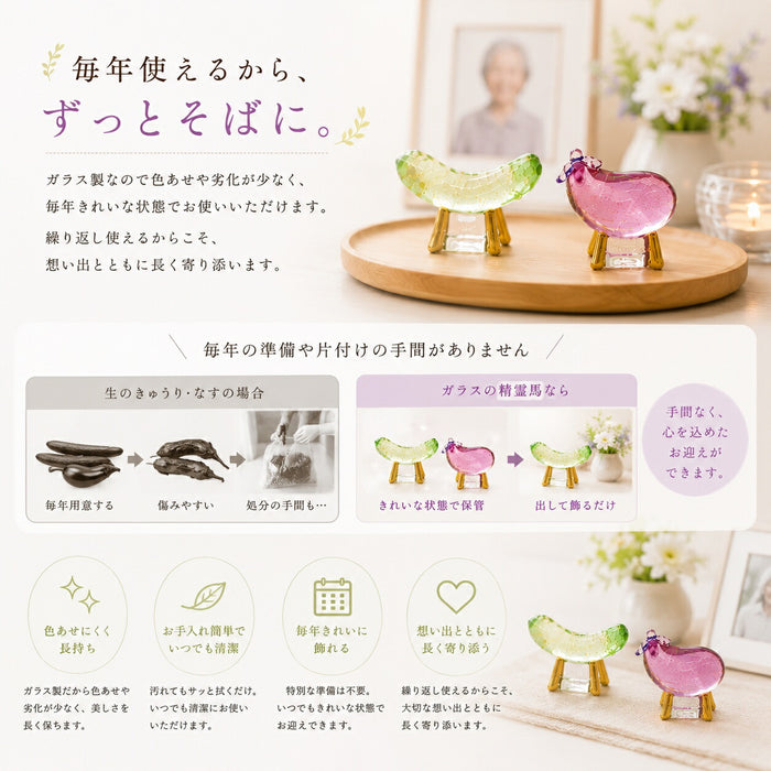クリスタル精霊馬 ガラス きゅうり・なす一対 お盆飾り 初盆 ミニ