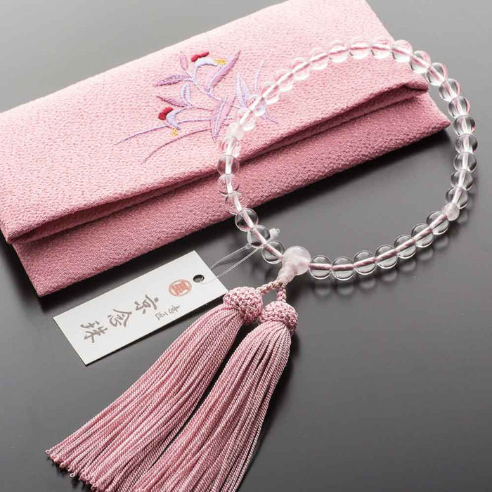 数珠・女性用数珠セット 本水晶 8mm 数珠袋（ピンク）