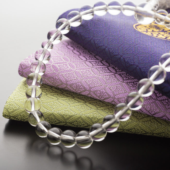 数珠・女性用 本水晶　正絹房　宗派紋入り念珠袋セット（紫）