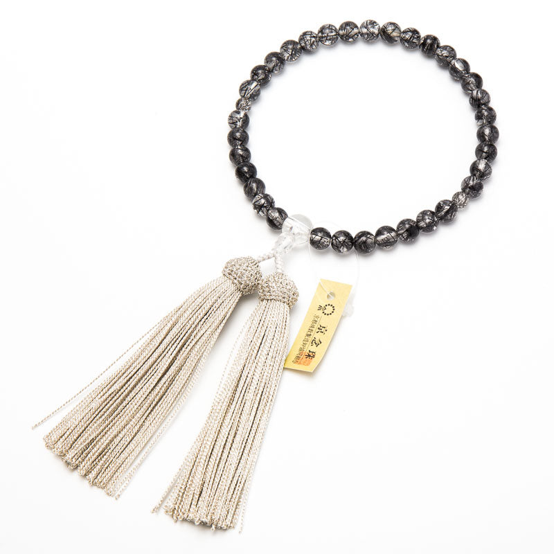 数珠 女性用 ブラックルチル 8mm 水晶仕立(親・ボサ) 銀房 — 仏壇
