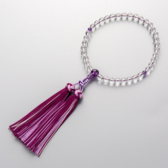 数珠・女性用 本水晶 7mm 銀花かがり房 紫水晶仕立