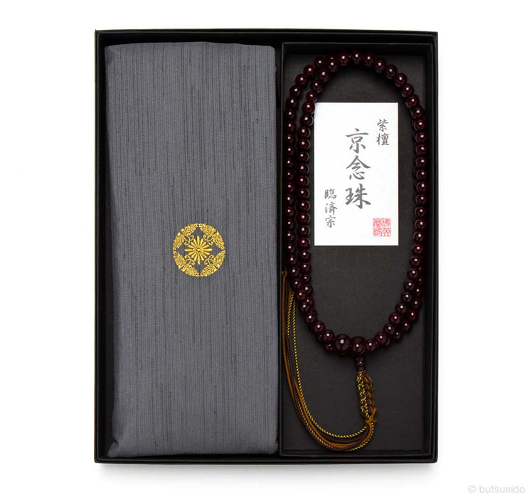 数珠・臨済宗仕様 男性用 数珠＆数珠袋セット（紫檀・グレー）