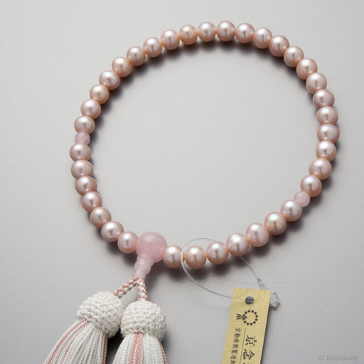 数珠・女性用 淡水真珠（ピンク）7mm玉 紅水晶仕立 正絹蛍房