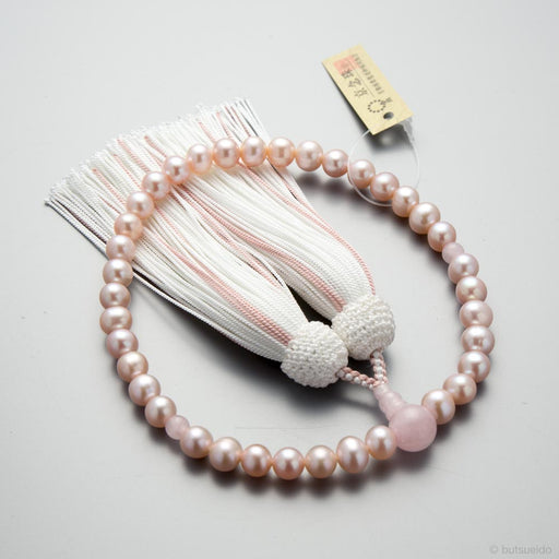 数珠・女性用 淡水真珠（ピンク）7mm玉 紅水晶仕立 正絹蛍房