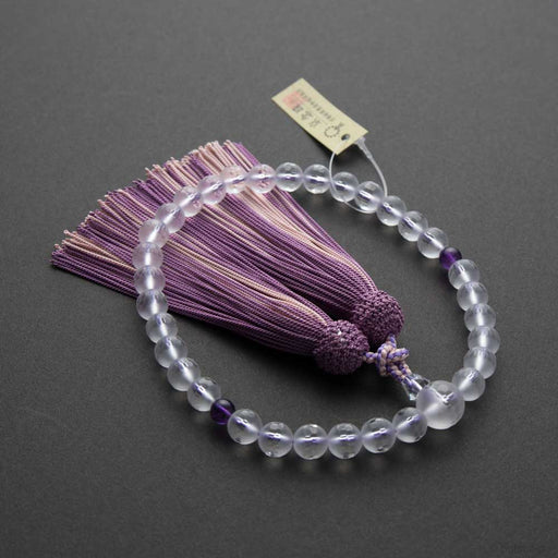 数珠・女性用 霧水晶切子8mm 紫水晶仕立 正絹平安襲（かさね）房（若紫）