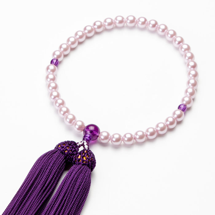 数珠 女性用 パールビーズ（ピンク色）7mm玉 濃紫色ビーズ仕立