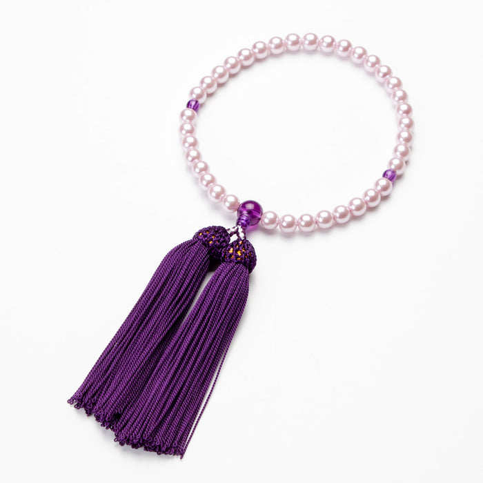 数珠 女性用 パールビーズ（ピンク色）7mm玉 濃紫色ビーズ仕立 — 仏壇