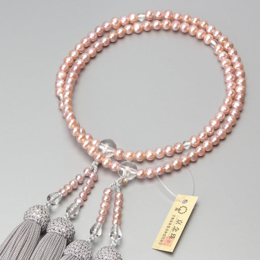 数珠 女性用二連 淡水真珠（ピンク）本水晶仕立 正絹グレー房