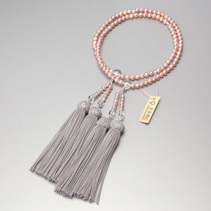 数珠 女性用二連 淡水真珠（ピンク）本水晶仕立 正絹グレー房