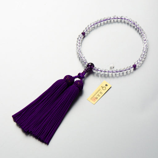 数珠 女性用 本水晶ステップカット5*7mm 54玉 紫水晶仕立 正絹房