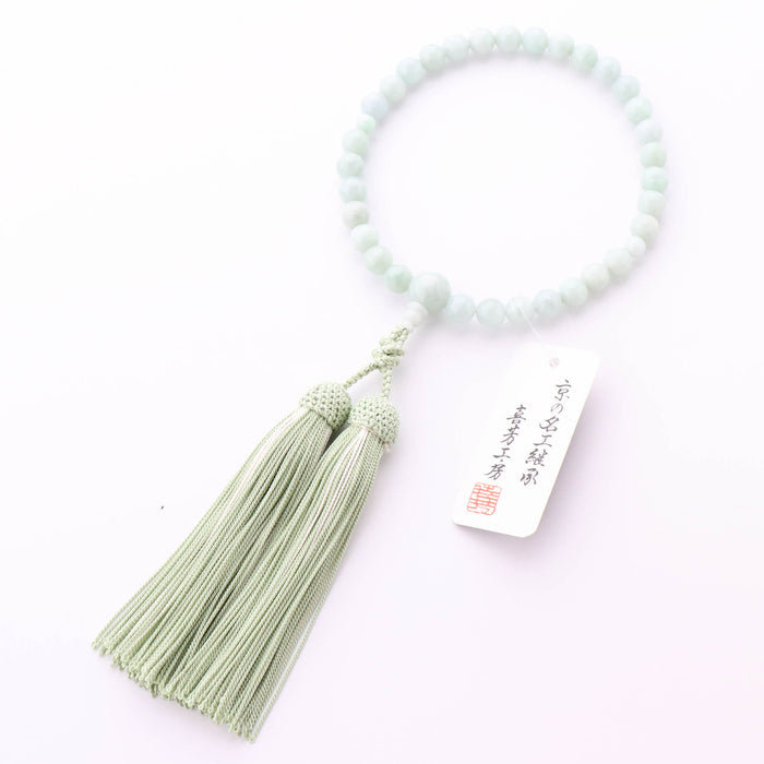 数珠 女性用 ビルマ翡翠8mm玉 共仕立 正絹蛍房（緑に白） — 仏壇・仏具